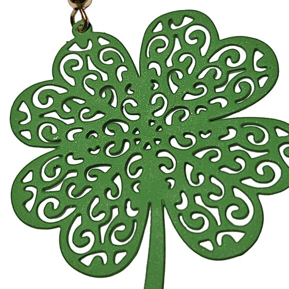Four Leaf Clover Dangle Earrings Green Filigree Lucky St Patricks Day Jewelry - Picture 3 of 4
